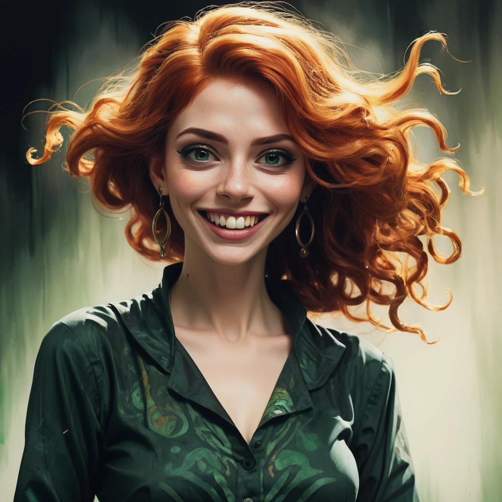 by Ross Draws, Water color painting, awardwinning, (Woman of Ivory:1.3) , the Woman is Psychotic, very dark, Acting in a play, the Woman is dressed in a Glamorous Salwar Kameez that was forged by Trolls, It is dark green, the Woman has Ginger hair styled as Wavy, Abstract Mechanical Legs, horizon-centered, Cel shading, Cybergoth Art, spotlit, Unsplash, 4K, extremely content happy smile