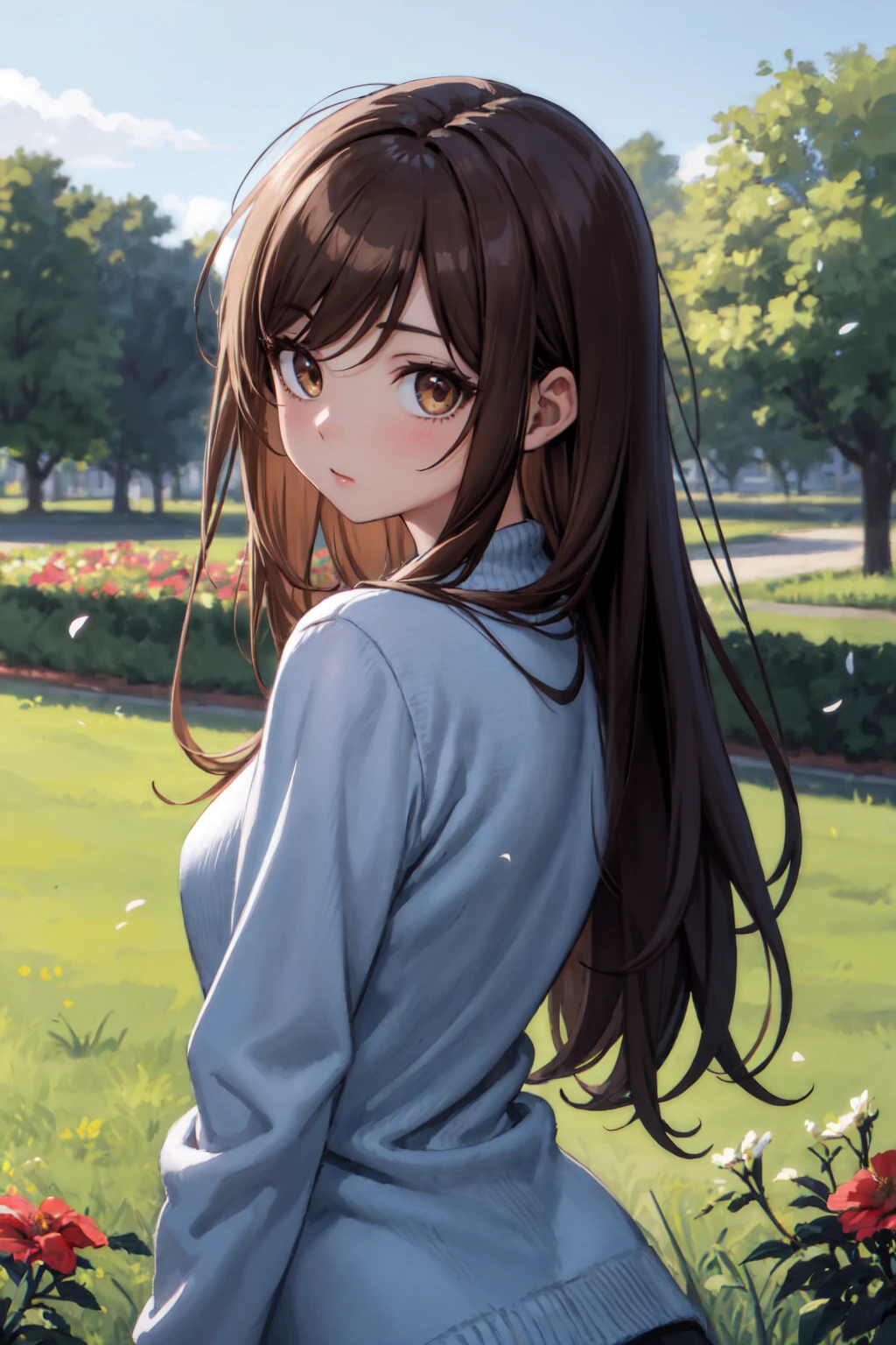 masterpiece, best quality, 1girl, long brown hair, hazel eyes, blue sweater, park, looking at viewer, flowers, vines, grass