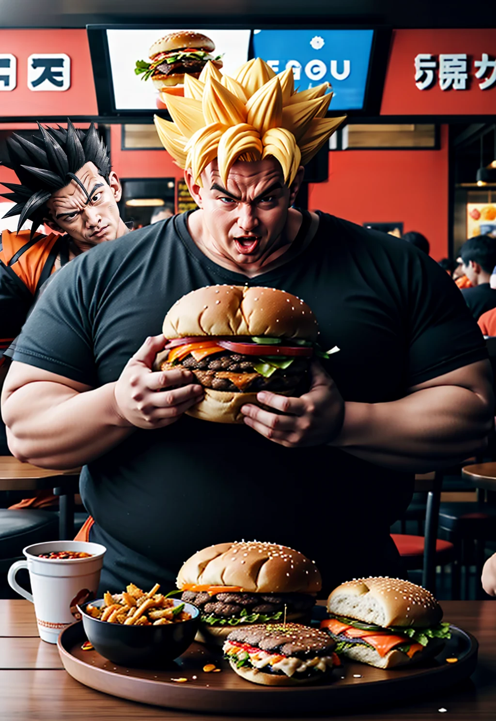 <lora:Round_animal:0.8> round animal, cg render,1 fat boy eating in restaurant
<lora:Mukbang:0.5> Mukbang, lots of food on table
<lora:son_goku:0.6> son_goku, super_saiyan, blonde spike hair,
<lora:sonGohanDragonBall_v10:0.8> son gohan, black hair, spiked hair, black eyes, adult gohan, scared expression, disgussted, head focus, head shot, face, 1 boy solo, standing, orange gi <lora:RocksEyebrowRaise:0.8> RocksEyebrowRaise, portrait, raised eyebrow, thick eyebrows