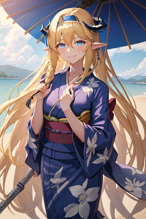 best quality, masterpiece, highres, solo, {yukata:1.40}, {kimono:1.20}, {saileach_arknights:1.15}, long_hair, blonde_hair, horns, bangs, blue_eyes, pointy_ears, hairband, breasts, blue_hairband, braid, large_breasts, very_long_hair, smile, hair_between_eyes, upper_body, blue_necktie, necktie