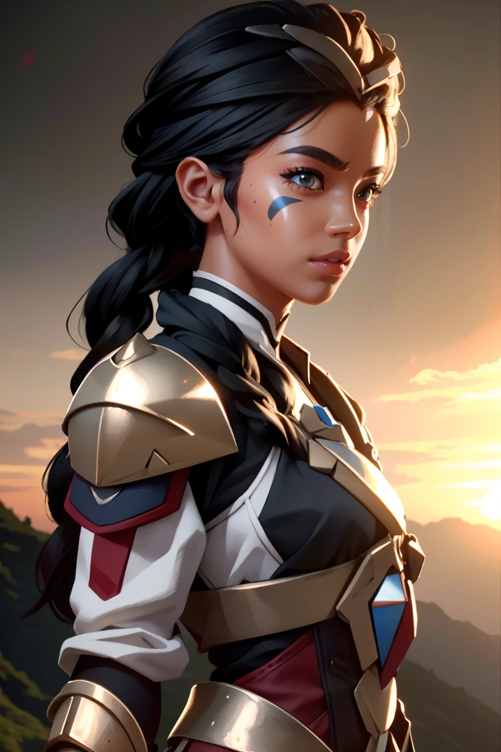 3d, CGI, Render, realistic, realism, photorealism, photo-realistic, (perfect female figure), 8k high definition detailed realistic, (best quality, masterpiece:1.2), photon mapping, radiosity, physically-based rendering, best quality, highly detailed,1girl, looking at viewer, armor, long black hair, braided hair, hair accessory, face marks, indian ruins background, sunrise , <lora:illari2:.7>