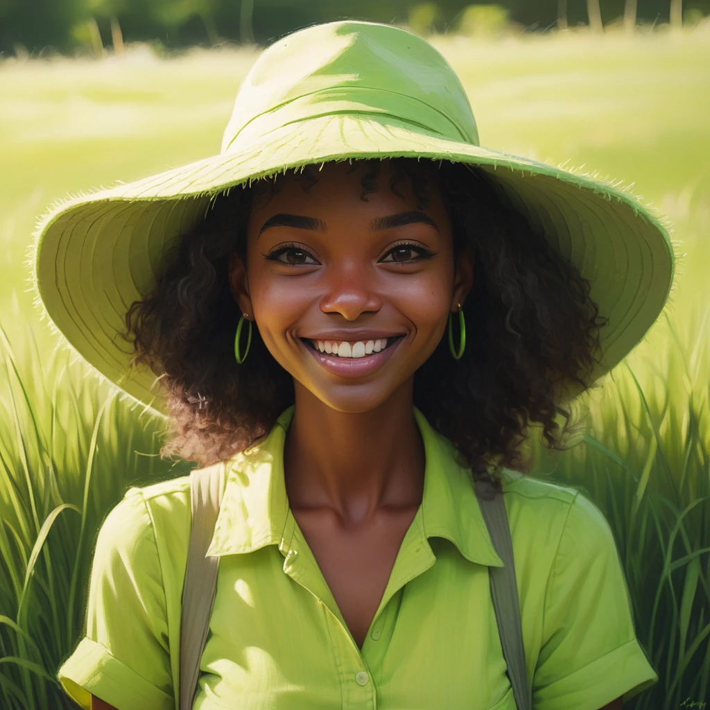 [ (designed by Artgerm:0.9) | (Atey Ghailan:0.9) ], awardwinning Chalk painting, fluorescent green grass, thicc Welsh (Oumou:1.2) , Kindhearted, bewildered, Beige sun hat, Bokeh, Simple illustration, side light, 35mm, extremely content happy smile