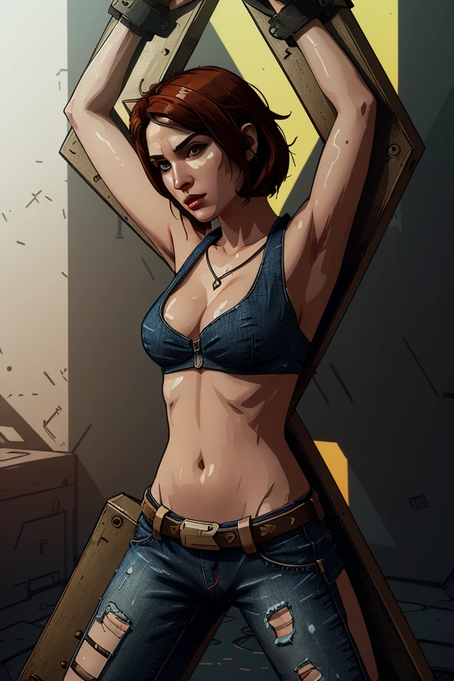 Indie game art,(woman in stocks pose,full body with cuffs, wearing a jeans and tank top, <lora:BondageXCross--in stocks pose V1:1>), (Vector Art, Borderlands style, Arcane style, Cartoon style), Line art, Disctinct features, Hand drawn, Technical illustration, Graphic design, Vector graphics, High contrast, Precision artwork, Linear compositions, Scalable artwork, Digital art, cinematic sensual, Sharp focus, humorous illustration, big depth of field, Masterpiece, trending on artstation, Vivid colors, trending on ArtStation, trending on CGSociety, Intricate, Low Detail, dramatic lighting