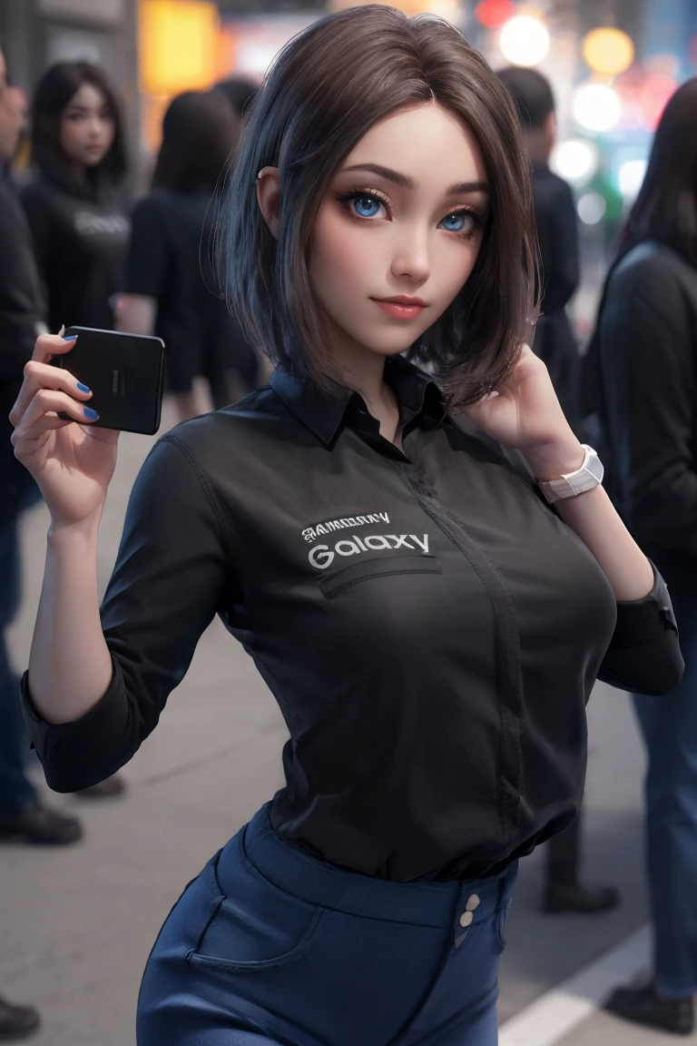 straight-on,pose,looking at viewer,solo, BREAK,
MEME_samsung_sam_ownwaifu, www.ownwaifu.com,
blue eyes, brown hair, short hair, medium hair, mole under eye, nail polish, blue nails, freckles, lips, breasts, nose, makeup, blush, eyelashes, medium breasts, lipstick,
black shirt, denim, blue pants, wristwatch, collared shirt, jeans,
samsung, smartphone, holding phone,
<lora:MEME_samsung_sam_ownwaifu-15:0.8> ,, official art,extremely detailed CG unity 8k wallpaper, perfect lighting,Colorful, Bright_Front_face_Lighting,shiny skin, (masterpiece:1.0),(best_quality:1.0), ultra high res,4K,ultra-detailed, photography, 8K, HDR, highres, (absurdres:1.2), Kodak portra 400, film grain, blurry background, (bokeh:1.2), lens flare, (vibrant_color:1.2),professional photograph, (beautiful_face:1.5),