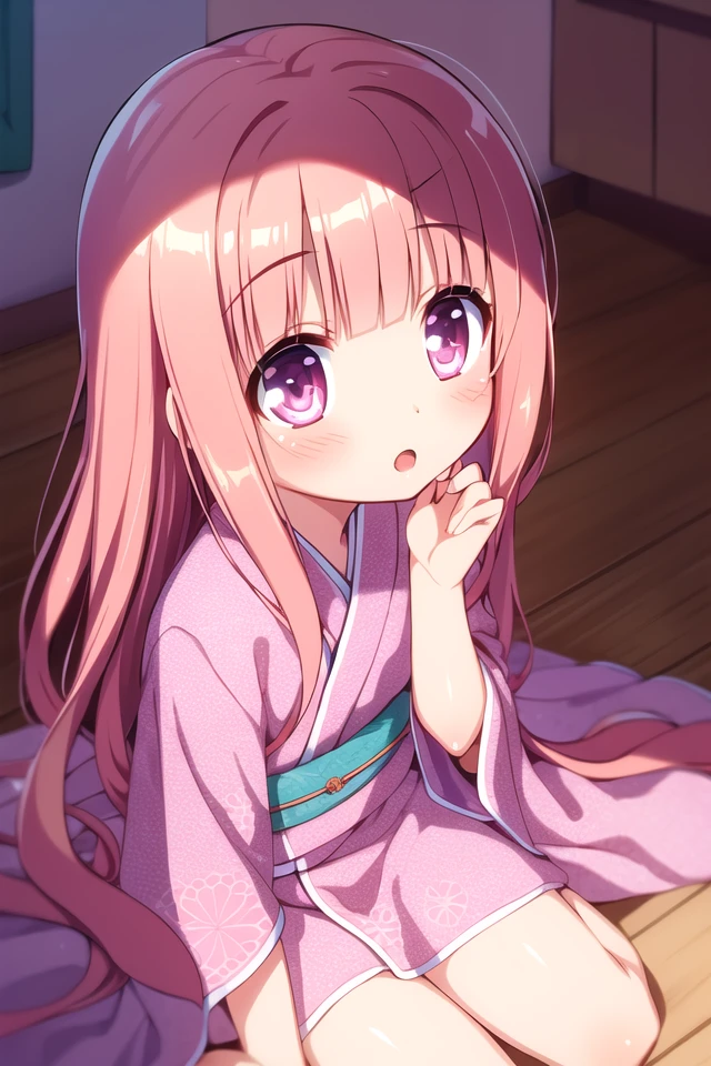 masterpiece, best quality, absurdres, cute, extremely detailed face, perfect lighting, <lora:ro-kyu-bu_v7-000018:0.6>,
hakamada hinata, smile, :o, very long hair, pink kimono 1girl, solo, cowboy shot, sitting, wariza,