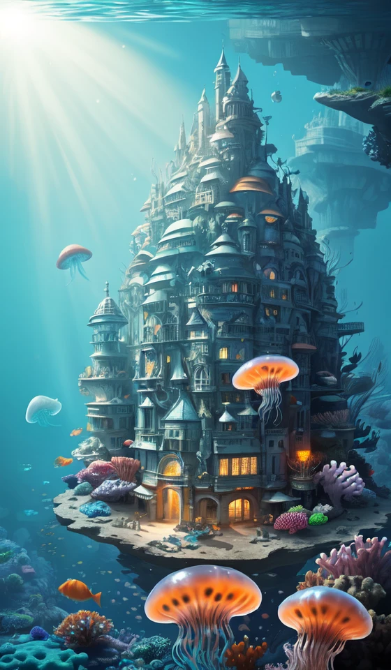 a giant city under the sea,architecture,blue spot,many pure jellyfish,orange light,