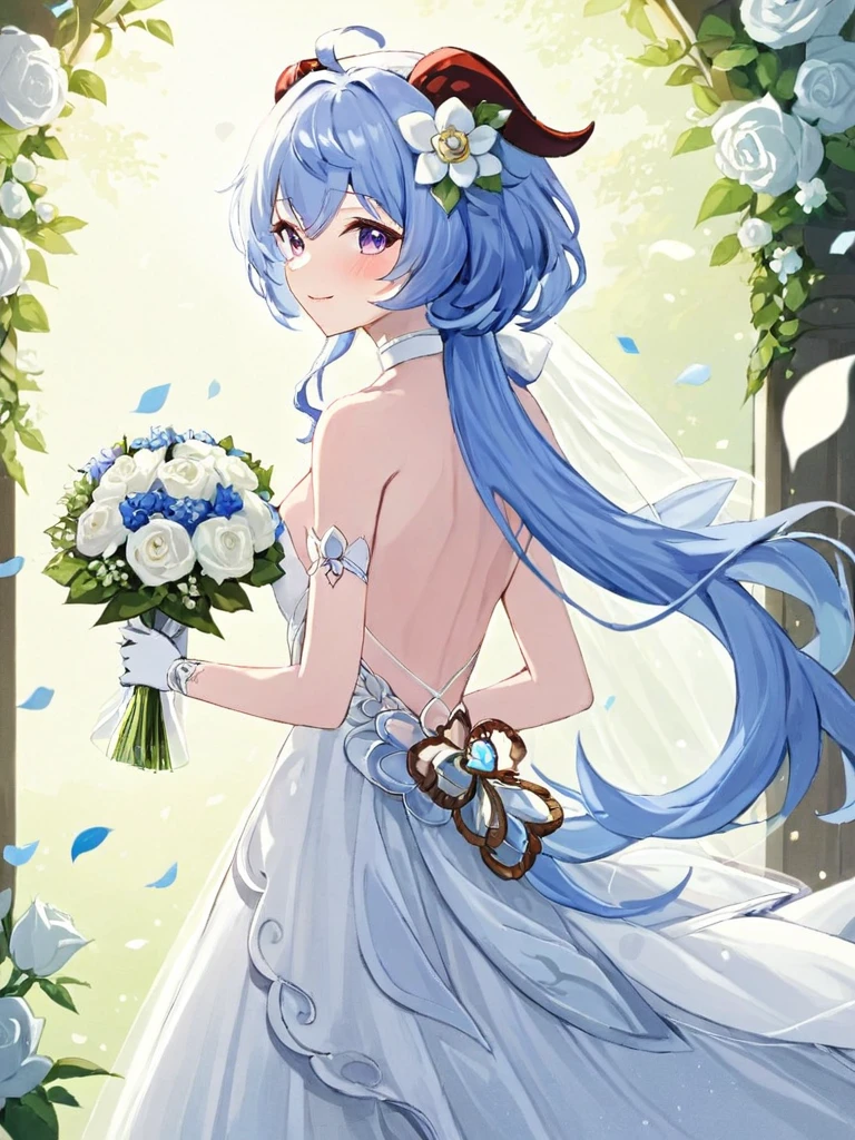 <lora:ganyu2x_xl:1>,1girl, ganyu (genshin impact), solo, flower, dress, horns, long hair, white flower, blue hair, breasts, ahoge, wedding dress, looking at viewer, holding, purple eyes, bouquet, white dress, medium breasts, bare shoulders, backless outfit, bridal gauntlets, from side, petals, holding bouquet, bangs, veil, low ponytail, smile, parted lips, bridal veil, hair ornament, blush, choker, goat horns, hair flower, white choker, heart, sidelocks, bride, detached sleeves, backless dress, sideboob, standing, white rose, very long hair, cowboy shot, rose, hair between eyes, strapless dress, jewelry, looking to the side, gloves, white gloves, strapless