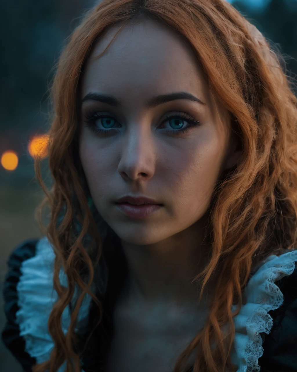 ksenia_solo <lora:KseniaSoloXL:1>,dressed as Alice in Wonderland, halloween, post-apocalyptic styled dress, dirty,dirty dress, post-apocalypse, city ruins at night, backlit, midnight, destroyed city, autumn themed, autumn vibes, flowers, halloween materials, pumpkin, ((perfect eyes, detailed eyes,realistic eyes)), ((sharp face, detailed face, realistic face, naturtal skin, realistic skin, detailed skin, pores))