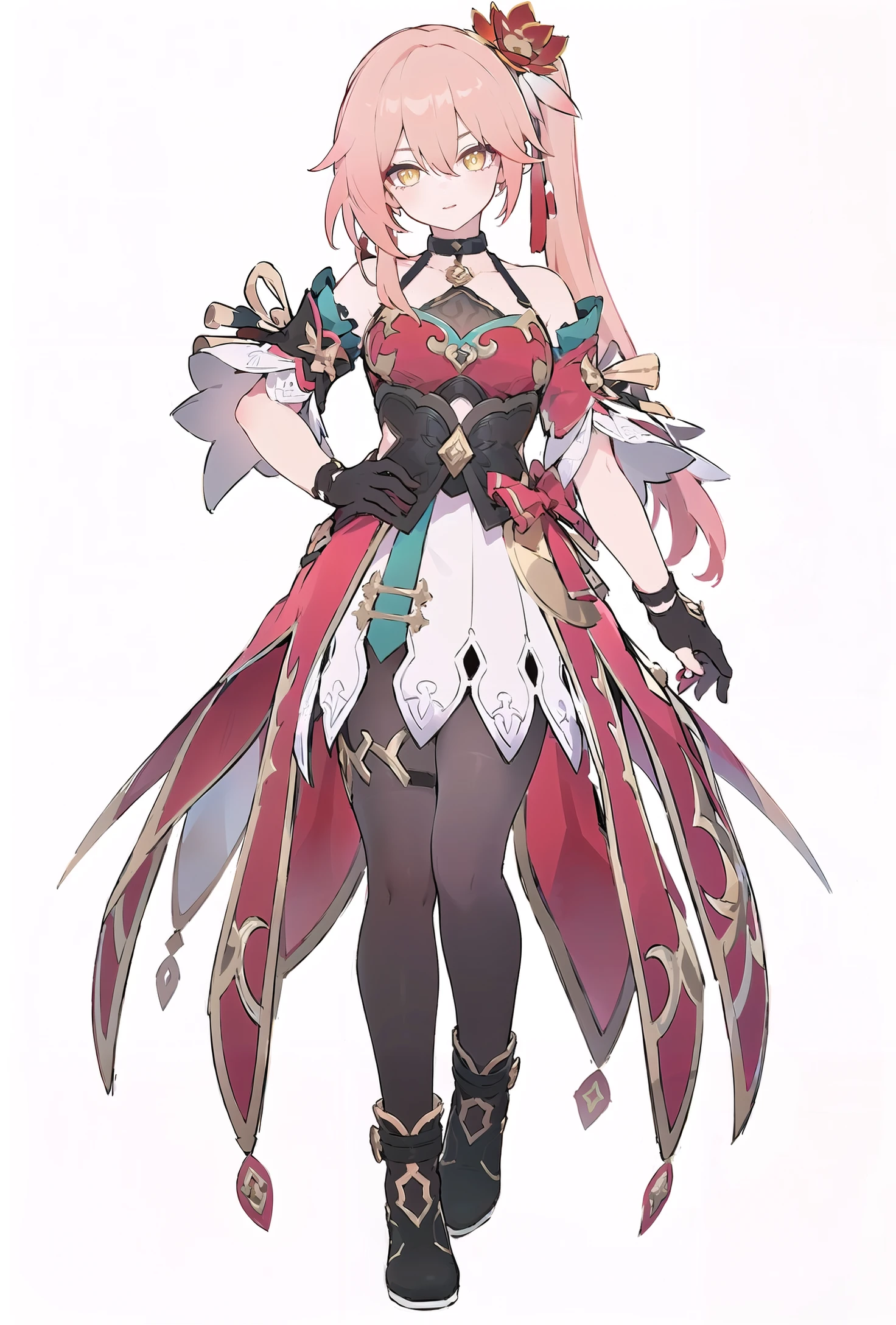 8k, best quality, masterpiece, (ultra-detailed:1.1), (high detailed skin),
(full body:1.2), white background, standing, looking at viewer, solo, hand on hip,
<lora:gnf-v100-000027:0.85:lbw=OUTALL>, gnf, long hair, dress, side ponytail, hair ornament, black gloves, pantyhose, black footwear, yellow eyes, breasts, hair flower,
(white background, simple background,:1.2),
<lora:EnvyBetterHands LoCon_beta2 è¾
å©:0.55>, ( good hands, nice hands:0.5),
(beautiful_face), ((intricate_detail)), clear face,
((finely_detailed)), fine_fabric_emphasis,
((glossy)), full_shot,
