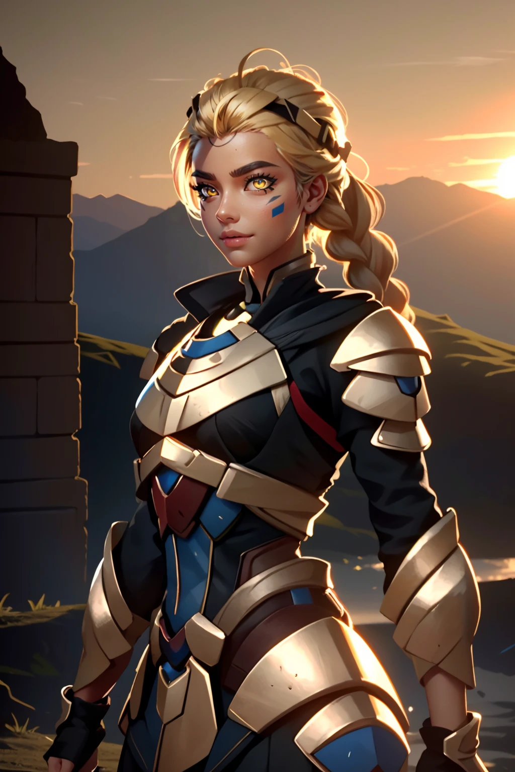 3d, CGI, Render, realistic, realism, photorealism, photo-realistic, (perfect female figure), 8k high definition detailed realistic, (best quality, masterpiece:1.2), photon mapping, radiosity, physically-based rendering, best quality, highly detailed,1girl, looking at viewer, armor, (long blonde glowing hair), braided hair, hair accessory, glowing yellow eyes, face marks, indian ruins background, sunrise , <lora:illari2:.7>