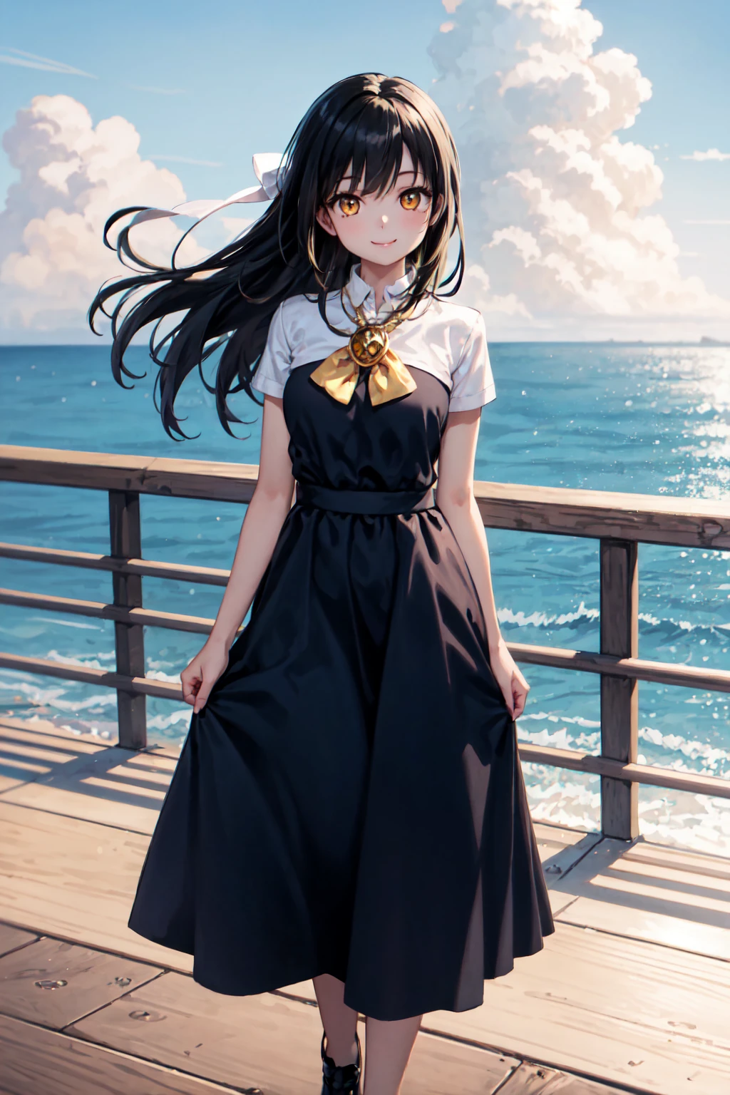 masterpiece, best quality, 1girl, black hair, golden eyes, long blue dress, white bow, gold brooch, ocean in background, boardwalk, railing, smile, gentle breeze