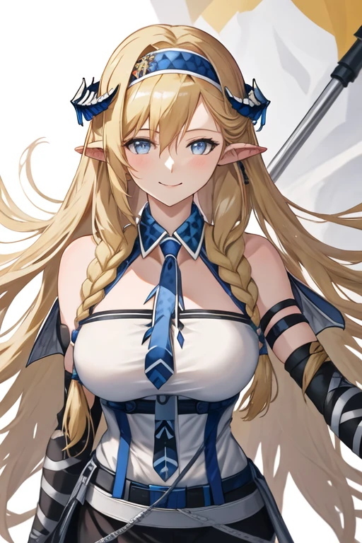 best quality, masterpiece, highres, solo, {saileach_arknights:1.15}, long_hair, blonde_hair, horns, bangs, blue_eyes, pointy_ears, hairband, breasts, blue_hairband, braid, large_breasts, very_long_hair, smile, hair_between_eyes, upper_body, blue_necktie, necktie, 1girl, looking_at_viewer, portrait, twin_braids, bare_shoulders, simple_background, white_background