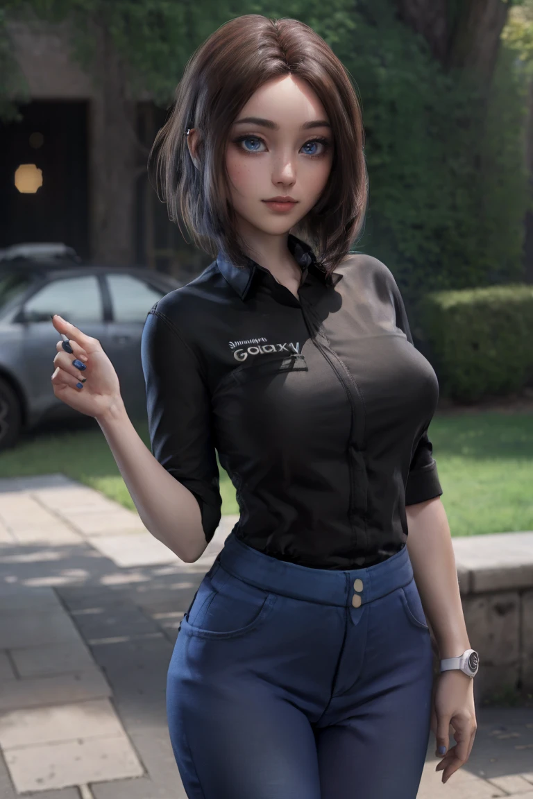 straight-on,pose,looking at viewer,solo, BREAK,
MEME_samsung_sam_ownwaifu, www.ownwaifu.com,
blue eyes, brown hair, short hair, medium hair, mole under eye, nail polish, blue nails, freckles, lips, breasts, nose, makeup, blush, eyelashes, medium breasts, lipstick,
black shirt, denim, blue pants, wristwatch, collared shirt, jeans, pants,
samsung, smartphone, holding phone, phone, cellphone,
<lora:MEME_samsung_sam_ownwaifu-15:1> ,, (extremely detailed fine touch:1.2), (natural light, sun light, light rays, dappled light, ray tracing:1.2), masterpiece, best quality, highly quality ,official art, 8K, highres, (absurdres:1.2), (bokeh:1.2),