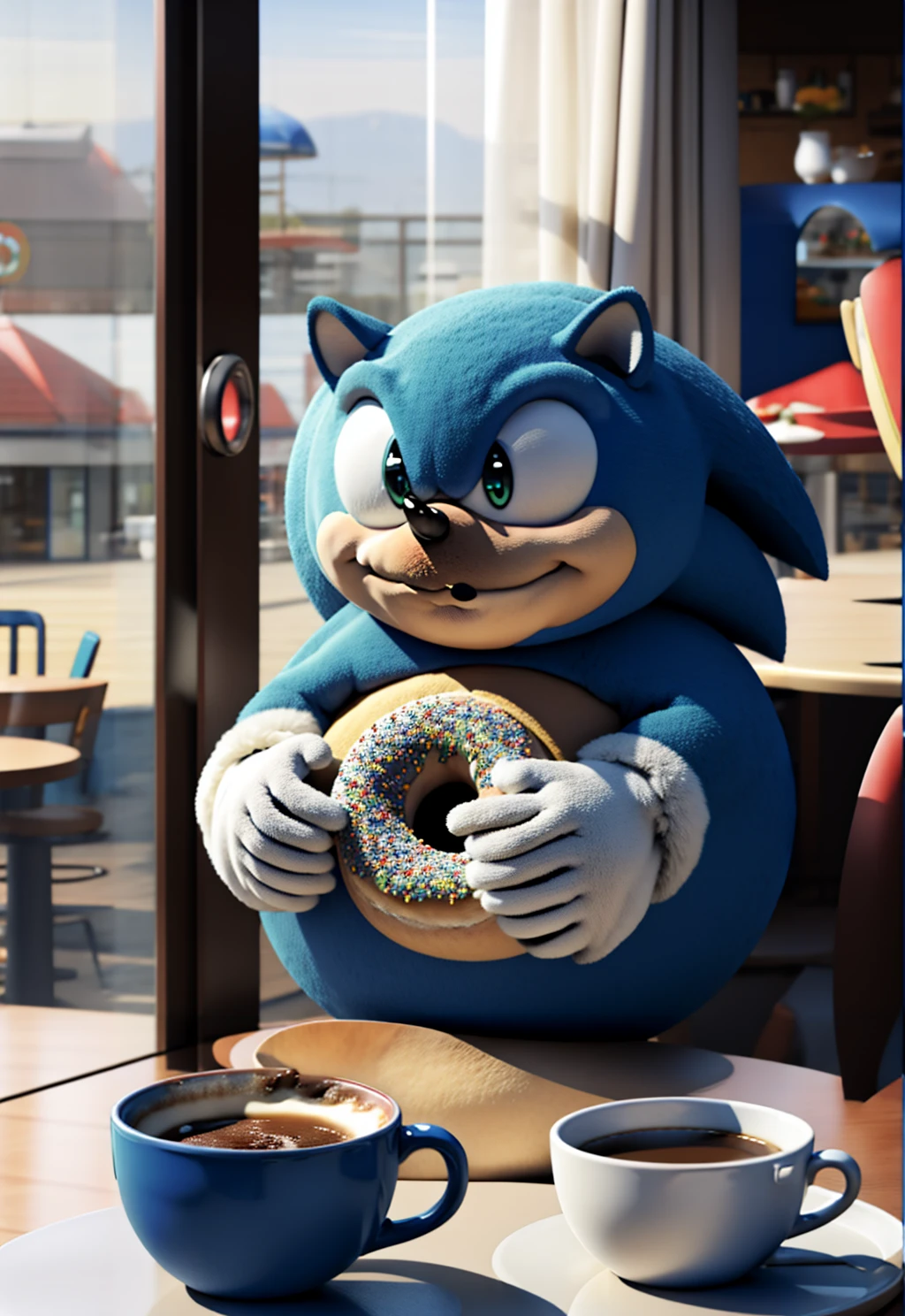 <lora:Round_animal:0.9> round animal, cg render
<lora:Sonic:0.8> BaseSonic, blue flur, big white eyes, a cafe, fat, round body, sitting in table, bipedal, coffee, donuts, indoor