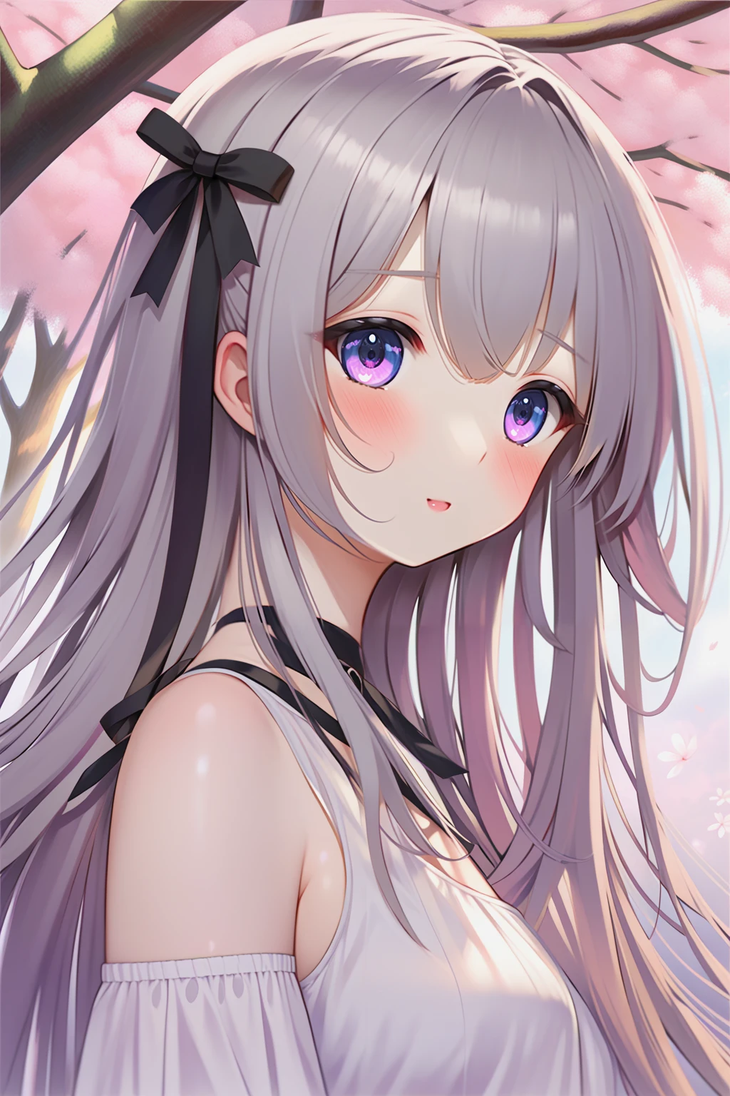 medium hair, gray hair,,beautiful detailed eyes, specular highlight eyes,, tareme,flat chest, black ribbons,,1girl
BREAK
Cherry blossom tree avenue,from side,