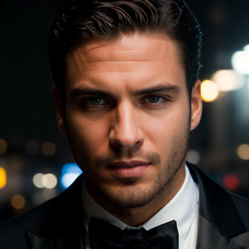 face portrait of maxiiglesias person using a tuxedo, in blade runner, professional photography, high resolution, 4k, detailed photo, <lora:maxiiglesias_33300:1>