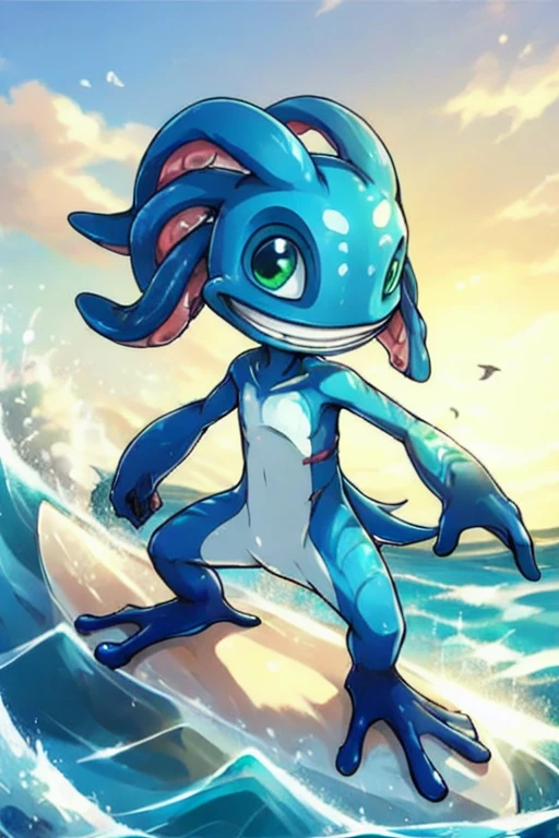 (((masterpiece, best quality))) (drawing, flat colors, anime), stunningly beautiful, highly detailed, BREAK fizz_lol, solo,full body, webbed feet, tentacle_hair, short tail, smile BREAK wet, ocean, surfing waves, red surfboard, sunset <lora:FizzLora-000015:0.8>