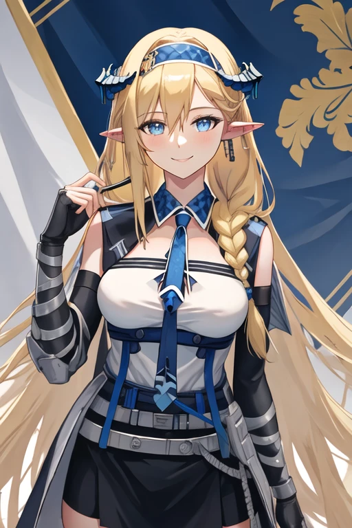 best quality, masterpiece, highres, solo, {saileach_arknights:1.15}, long_hair, blonde_hair, horns, bangs, blue_eyes, pointy_ears, hairband, breasts, blue_hairband, braid, large_breasts, very_long_hair, smile, hair_between_eyes, upper_body, blue_necktie, necktie