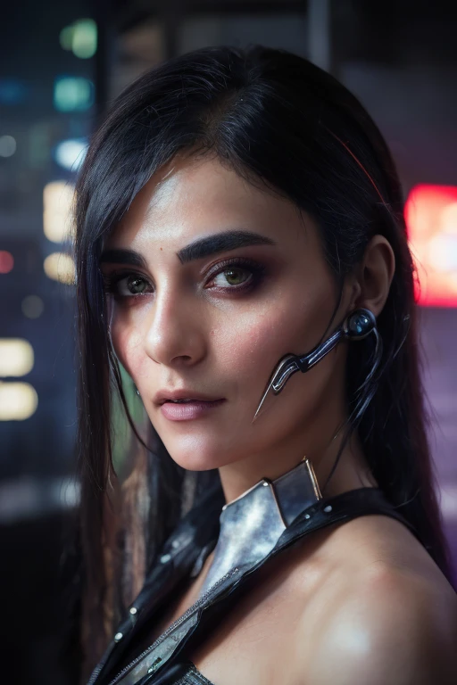 (photo of a gorgeous woman), (professional photography), (cyberpunk style background), (as a cyberpunk girl), (portrait), masterpiece, best quality, (eye contact), (looking at the viewer), centred, (shot from front), ((soft even lighting)), well lit, blurred_backgound, bokeh, proportional, <lora:Radhika_Madan-09:0.95>