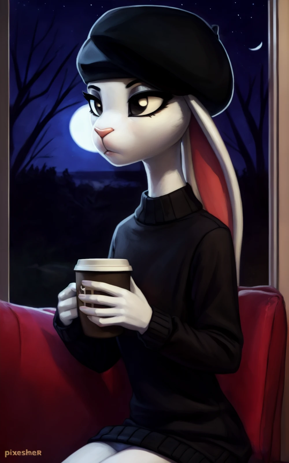 8k.4k,((Best quality, masterpiece, ultra high resolution)),((full body)),sitting by a window,by pixelsketcher, <lora:Lerose:1.3>,lerose,choker,black eyes,((beret)),sweater,rabbit girl,white fur, white skin,animal nose, furry, furry female,animal ears,half closed eyes,solo,holding coffee mug,night,moon light,feet