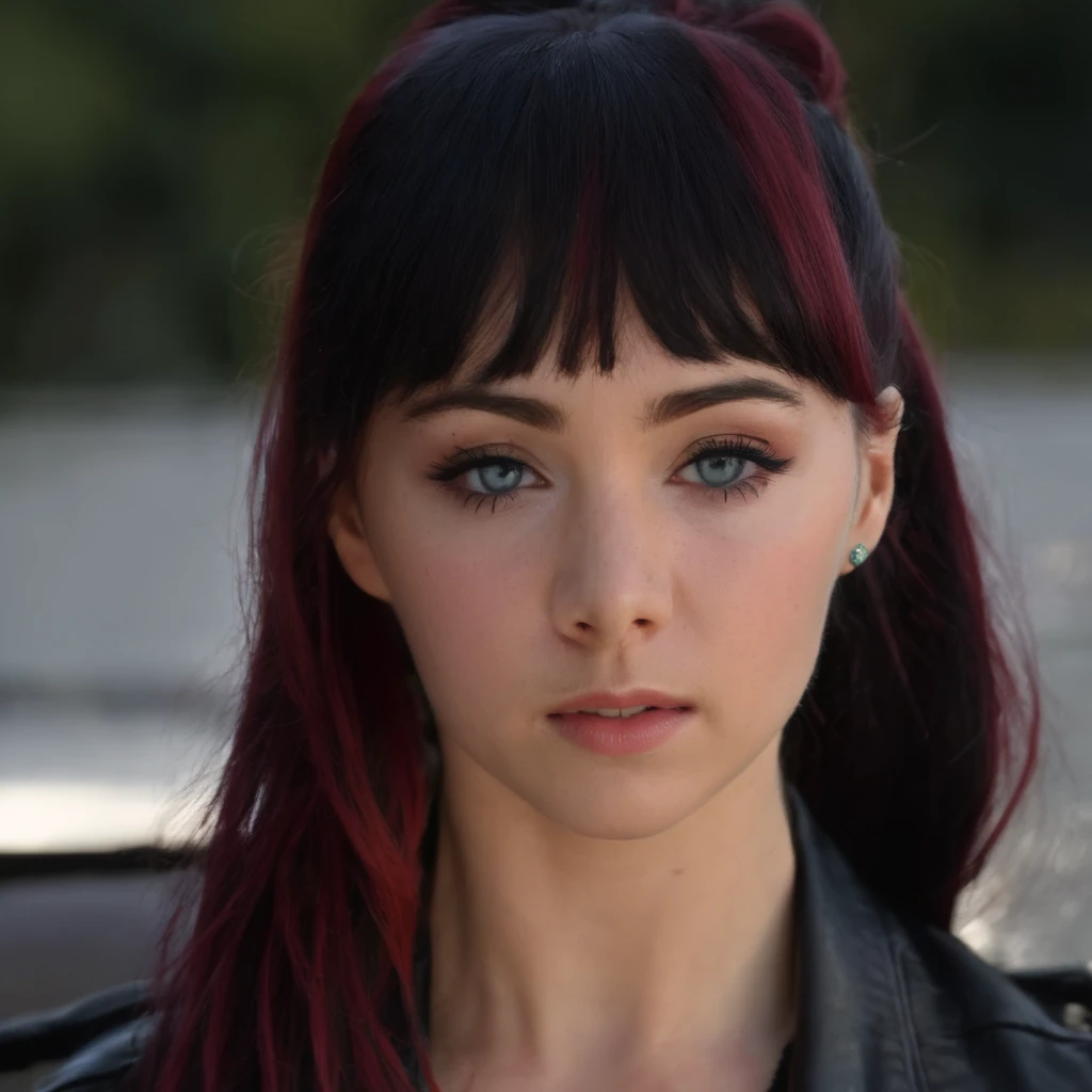 ksenia_solo <lora:KseniaSoloXL:1>, long hair, looking at viewer, bangs, black hair, closed mouth, jacket, upper body, ponytail, red hair, multicolored hair, blunt bangs, blurry, black jacket, eyelashes, portrait, realistic, ((sharp face, detailed face, realistic face, naturtal skin, realistic skin, detailed skin, pores)), ((perfect eyes, detailed eyes,realistic eyes))
