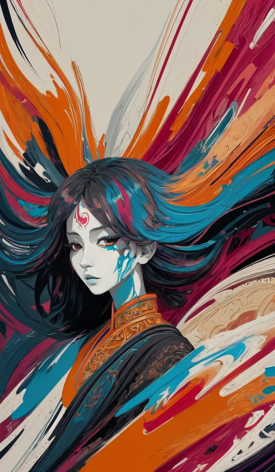 Abstract, 8K, photo shot from front, mid-body portrait, highly-detailed, (flat color:1.1),(colorful:1.3),(masterpiece:1.2), best quality, masterpiece, original, extremely detailed wallpaper, looking at viewer, oriental city,eastern architecture,a lot of details,mysterious expression, in a modern and abstract setting, with bold and colorful abstract art, blurred background, bright lighting,