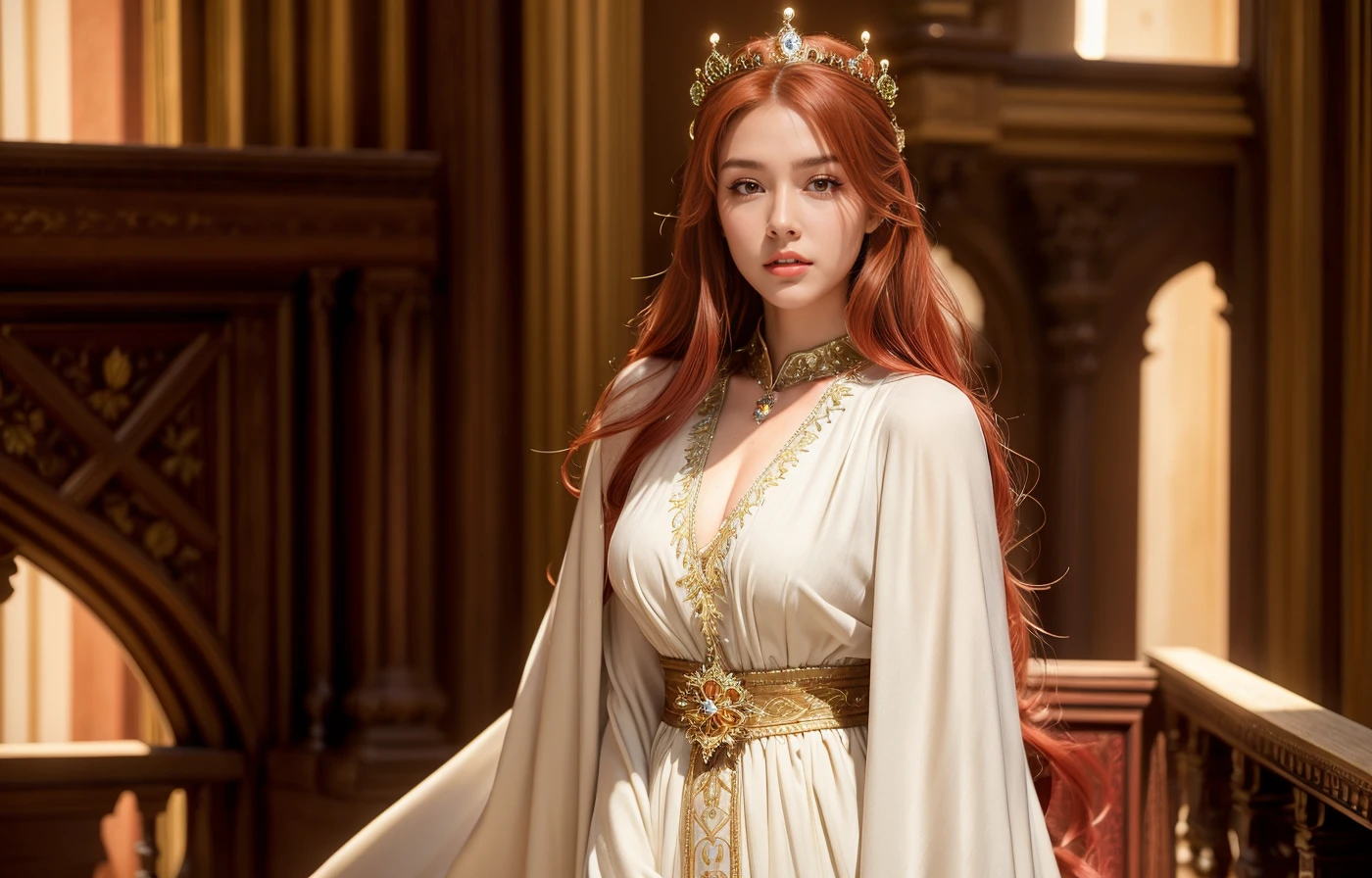 ((a photo of Para02 person:1)),,
A beautiful 24 years old beautiful ,woman,1girl,alone,solo,1person:1.9,1face:1,
(masterpiece:1.2),(realistic, photo-realistic:1.56),sharp,
(intricate details:1.3),(sparkling eyes:1.3),(sparkling lips:1.3),( large breasts:1.1),
(high detailed skin),\(ultra-realistic skin\),8K skin,radiant soft skin,
extremely detailed,depth of field,physically-based rendering,
perfect hands,detailed hands and fingers:1,(best ratio four fingers and one thumb),
extremely detailed,depth of field,physically-based rendering,high detail,real-world lighting,
perfect hands,natural light,dynamic lighting,
perfect makeup,long eyelashes,eyeliner,blush,perfect nose,long hair,small breasts, (((red hair))), blonde hair, yellow hair,
expressive eyes, expressive face,,
SDXL,\(breast size 32\),\(waist size 26\),\(hip size 27),gray eyes,
(((in a castel))), ,((royal gown dress)), (((medieval times))), (((SFW))),
,perfect body:1,
A beautiful 24 years old beautiful <lora:PARA02-000002:1>