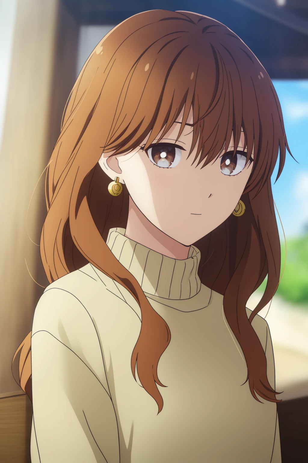 fuyutsuki, 1girl, solo, long_hair, looking_at_viewer, bangs, brown_hair, hair_between_eyes, brown_eyes, jewelry, closed_mouth, upper_body, earrings, outdoors, turtleneck_sweater, blue_sweater