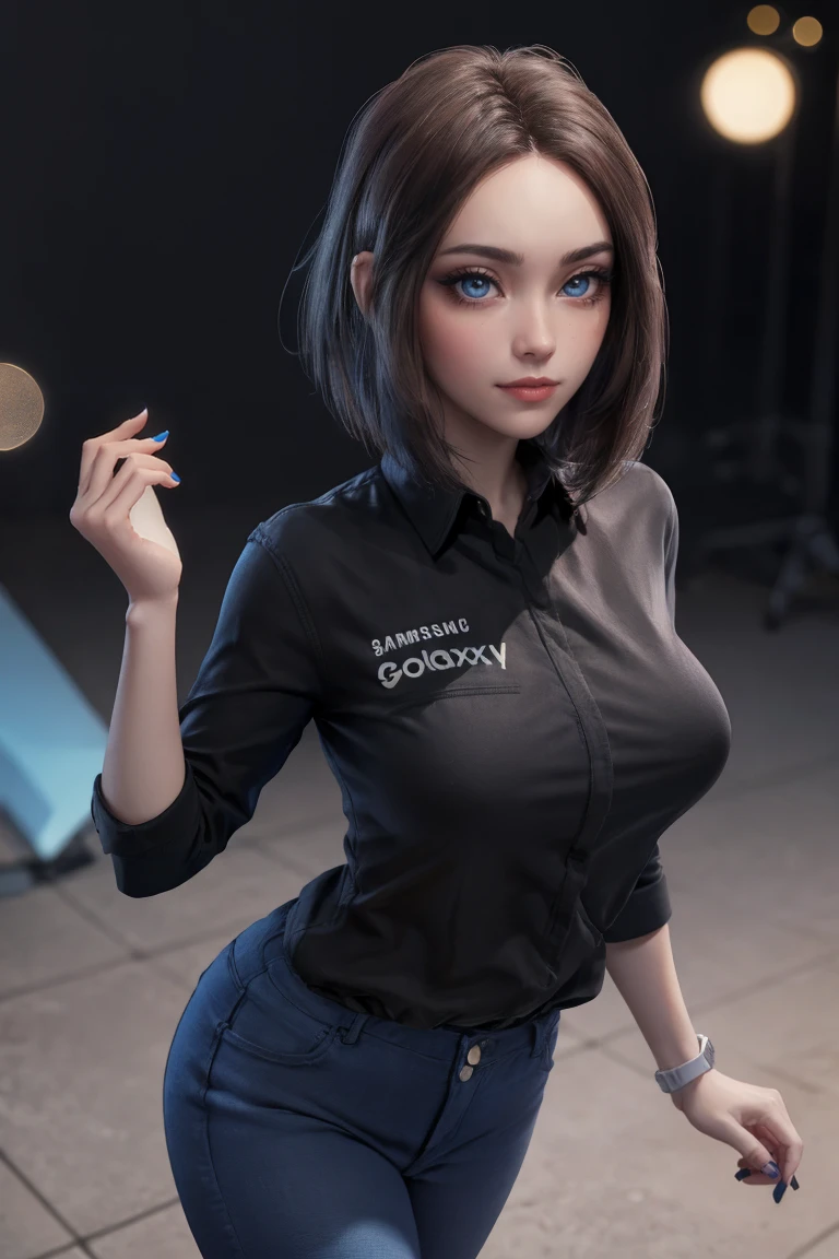 straight-on,pose,looking at viewer,solo, BREAK,
MEME_samsung_sam_ownwaifu, www.ownwaifu.com,
blue eyes, brown hair, short hair, medium hair, mole under eye, nail polish, blue nails, freckles, lips, breasts, nose, makeup, blush, eyelashes, medium breasts, lipstick,
black shirt, denim, blue pants, wristwatch, collared shirt, jeans,
samsung, smartphone, holding phone,
<lora:MEME_samsung_sam_ownwaifu-15:0.7> ,, official art,extremely detailed CG unity 8k wallpaper, perfect lighting,Colorful, Bright_Front_face_Lighting,shiny skin, (masterpiece:1.0),(best_quality:1.0), ultra high res,4K,ultra-detailed, photography, 8K, HDR, highres, (absurdres:1.2), Kodak portra 400, film grain, blurry background, (bokeh:1.2), lens flare, (vibrant_color:1.2),professional photograph, (beautiful_face:1.5),