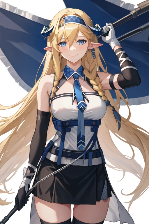 best quality, masterpiece, highres, solo, {saileach_arknights:1.15}, long_hair, blonde_hair, horns, bangs, blue_eyes, pointy_ears, hairband, breasts, blue_hairband, braid, large_breasts, very_long_hair, smile, hair_between_eyes, upper_body, blue_necktie, necktie, 1girl, bare_shoulders, black_skirt, elbow_gloves, gloves, looking_at_viewer, shirt, skirt, thighhighs, white_shirt, dragon_horns, miniskirt, simple_background, white_background, cowboy_shot, standing, thighs