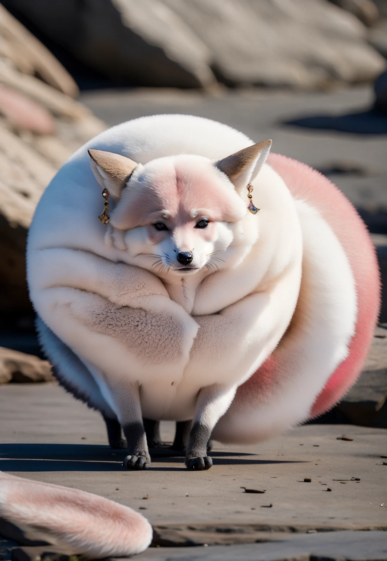 <lora:Round_animal:0.9> round animal, <lora:YaeMikoFox:0.85> YaeMikoFox, , no humans, multiple tails, earring, pink fox