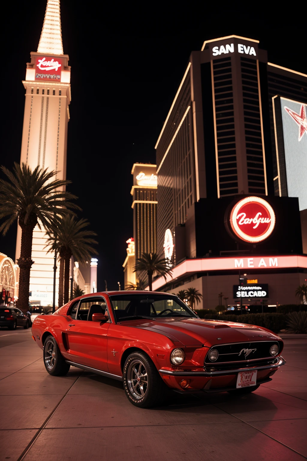 Photo of a classic red mustang car parked in las vegas strip at night