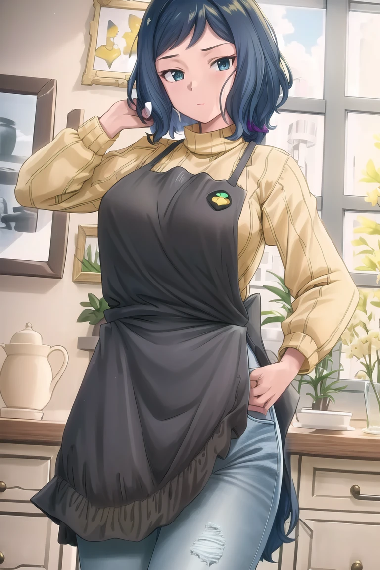 best quality, 
highly detailed, 
masterpiece, 
ultra-detailed, 
(bedroom:1.2), 
rinko-iori, 
yellow sweater, 
wide hips, 
(black apron:1.1), 
cowboy shot, 
blue eyes, 
armband, 
standing, 
jeans, 
<lora:Rinko_Iori:0.8>,