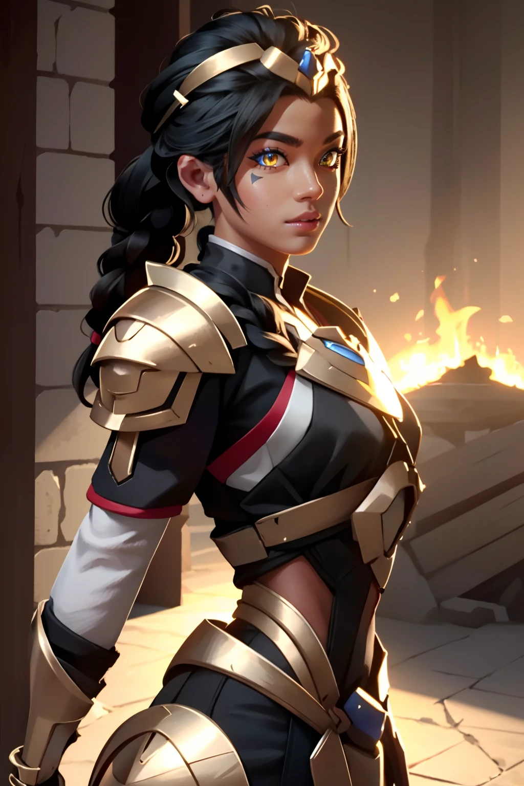 3d, CGI, Render, realistic, realism, photorealism, photo-realistic, (perfect female figure), 8k high definition detailed realistic, (best quality, masterpiece:1.2), photon mapping, radiosity, physically-based rendering, best quality, highly detailed,1girl, looking at viewer, armor, (long fire hair), braided hair, hair accessory, glowing yellow eyes, face marks, indian ruins background, sunrise , <lora:illari2:.7>