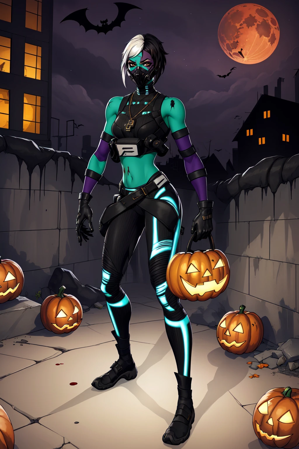 <lora:HushAllSkinsFortnite:0.8>, Zush:1.2, 1girl, medium breasts,((multicolored skin, multicolored hair, stitched arm, two-tone hair, black hair, white hair ,colored skin, animification, split-color hair, stitches, stitched face, zombies:1.5, blood, resident evil)), short anime hair, red eyes, gloves, navel, bare shoulders, standing, sleeveless, jack o lantern,
black gloves, midriff, belt, pants, crop top, mask, armband, mouth mask, dogtags, toned, fullbody, from above, ruined city:1.5,
Halloween party, night, evil sky, blood_moon,
Halloween skyscrapers, skyscraper roof:1.5, city below:1.3,
highest quality, high quality, (detailed face and eyes:1.1),