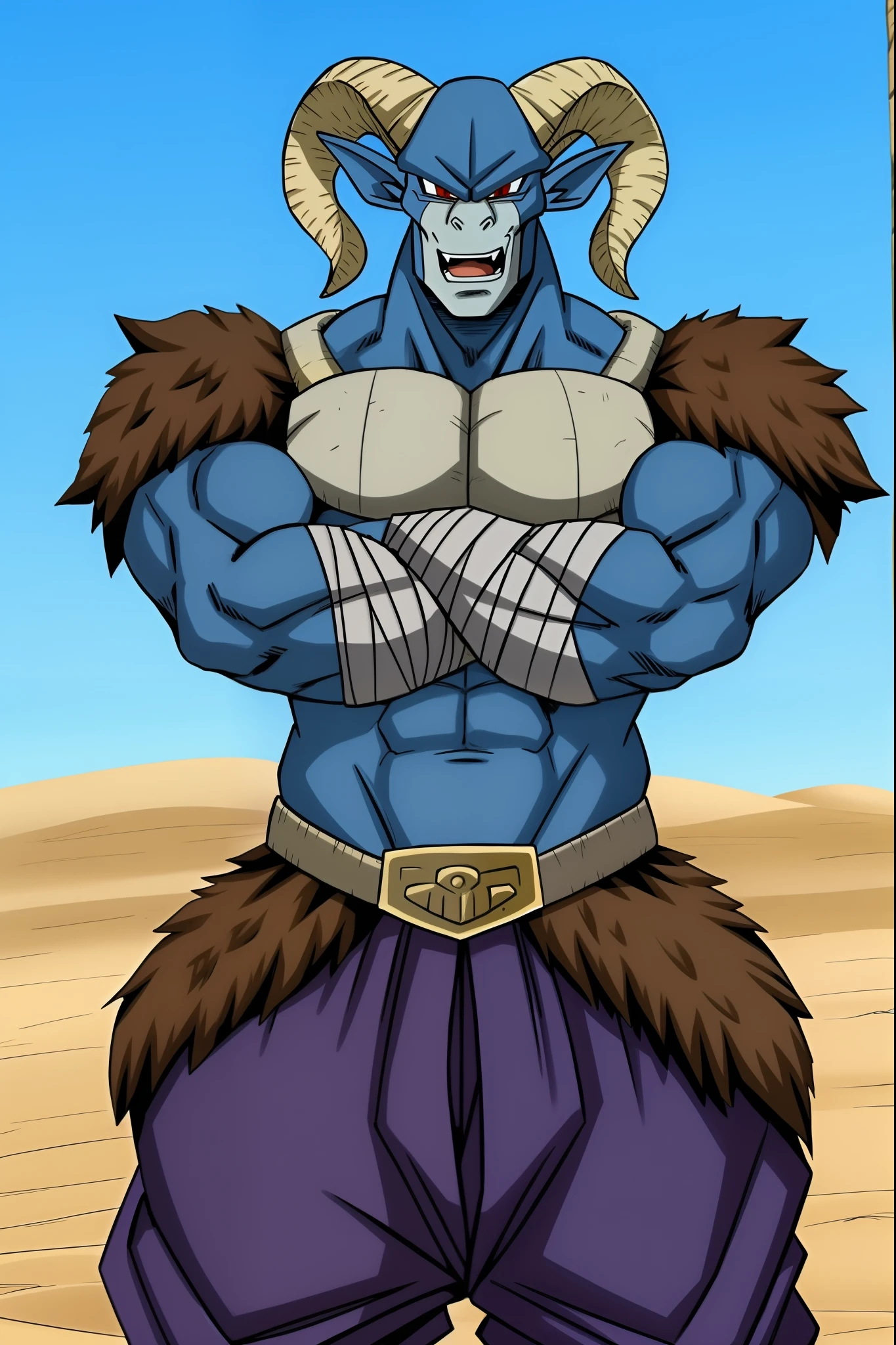 masterpiece, Moro, Dragon ball Super, goat, blue skin, chest arm, fur trimmed shoulders, baggy pants, belt, bandages, wraps, shoes, muscular male, hyper muscles, looking at viewer, red irises, closed mouth, frown, crossed arms, BREAK absurdres,realistic,reality,field of depth,rim light on body,sunny,wastelands,4k