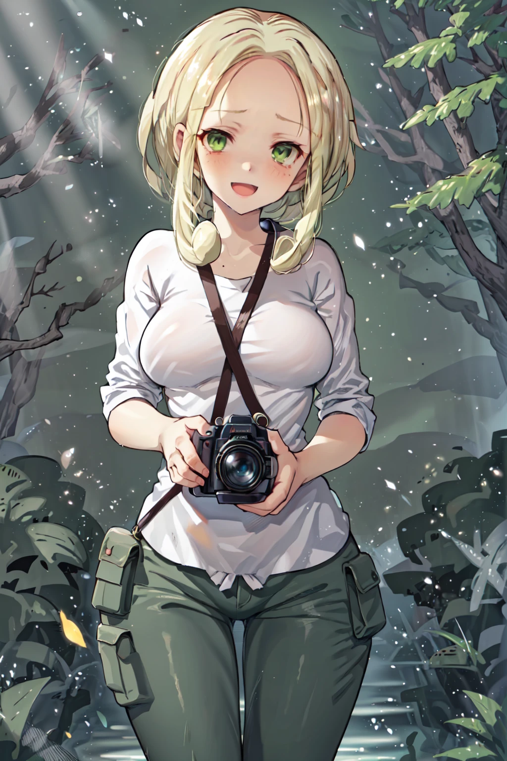 (best quality, masterpiece:1.25), (shiny skin:1.1), (high quality:1.1), subsurface scattering, natural lighting, (vibrant background:1.2), (detailed background:1.1),
nice hands, perfect hands, <lora:GoodHands-beta2:1.25>,  <lora:neg4all_bdsqlsz_V3.5:1>,<lora:ma-kurou:1.0>, solo, 1girl, looking at viewer,
:D<lora:ViolaLora-10:0.7>, viola \(pokemon\), breasts, white shirt, green pants, camera,
legs together,sad, (Forest Astronomer,Underground Stream:1.1),