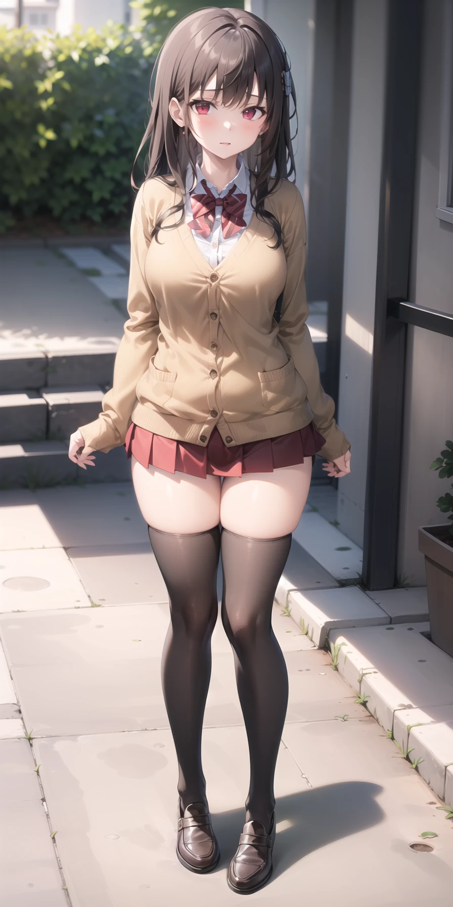 best quality,masterpiece,large breasts,1girl, bowtie,((brown cardigan)),red skirt,pleated skirt,(((micro miniskirt))), micro miniskirt, sunlight,long hair,brown hair, red eyes, black thighhighs, outdoors, <lora:micro_miniskirtV2:0.5>standing,full body,loafers
