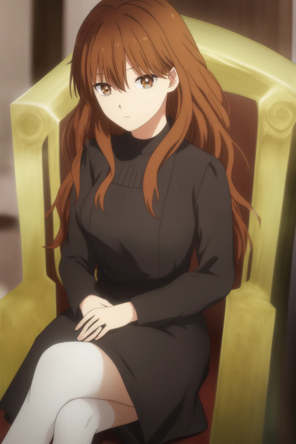 fuyutsuki, 1girl, solo, long_hair, looking_at_viewer, bangs, brown_hair, hair_between_eyes, brown_eyes, black_dress, sitting ,throne, crossed_legs, indoor