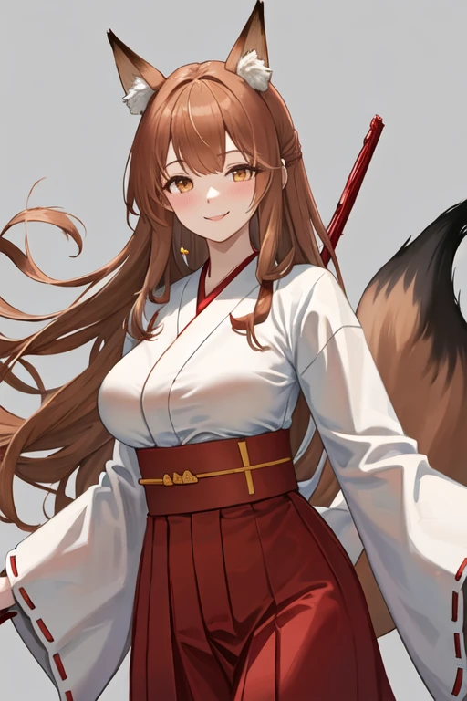 best quality, masterpiece, highres, solo, {white kimono:1.35}, {red hakama:1.35}, {wide sleeves:1.20}, {franka_arknights:1.15}, animal_ears, long_hair, fox_ears, brown_hair, bangs, animal_ear_fluff, brown_eyes, fox_girl, breasts, smile, blush, tail, fox_tail, upper_body, large_breasts