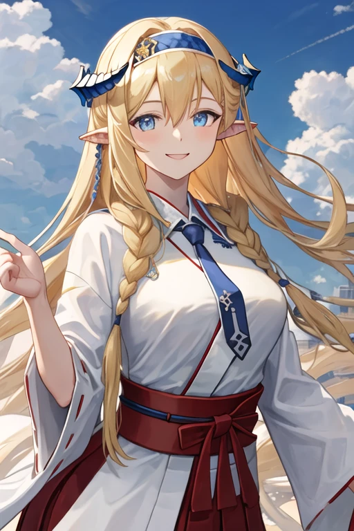 best quality, masterpiece, highres, solo, {white kimono:1.35}, {red hakama:1.35}, {wide sleeves:1.20}, {saileach_arknights:1.15}, long_hair, blonde_hair, horns, bangs, blue_eyes, pointy_ears, hairband, breasts, blue_hairband, braid, large_breasts, very_long_hair, smile, hair_between_eyes, upper_body, blue_necktie, necktie