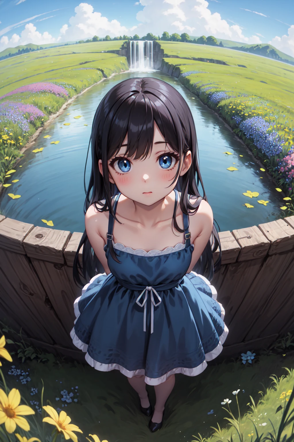 masterpiece, best quality, 1girl, from above, face focus, fisheye, blue dress, very long hair, blue eyes, meadow, waterfall, flower field, arms behind back
