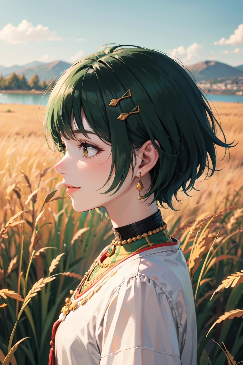 (best quality, masterpiece:1.1), (Intricate detailed:1.2), upper body, sideview, 1girl, smiling face, green hair, short hair, spiked hair, hair ornaments, african clothes, jewelry, (tribe, tribal:1.2) BREAK (savana, (dry, yellow grass land), field, outdoors, (lake)) in the background,