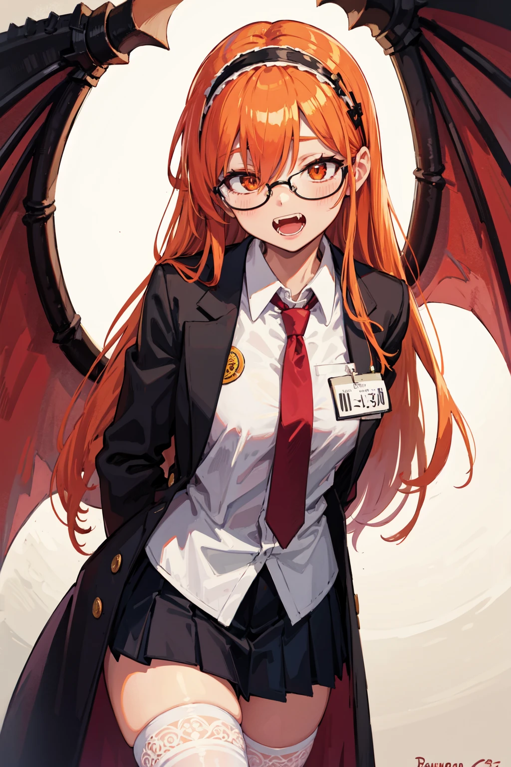 (best quality, masterpiece:1.1), (Intricate detailed:1.2),   ((close up,   (facing down:1.2),  1girl, benevolent face, orange hair, absurdly long hair, hair over eyes,      (fangs), (vampire), bet wings  hot pink bodysuit, hairband, brown-framed eyewear BREAK ((school uniform, thick coat, white shirt with name tag, necktie,white thighhighs)) in the background,  ):0.8)