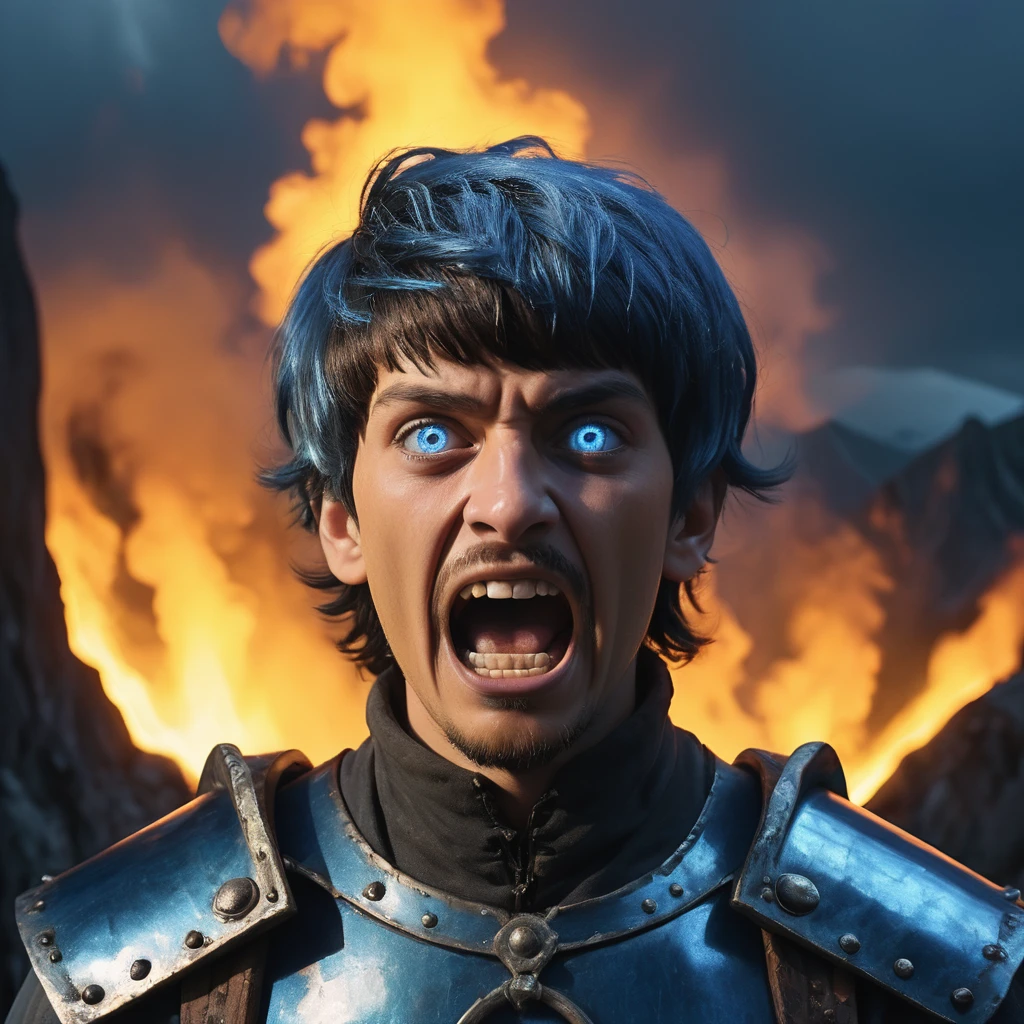 Digital artwork, Unity Engine, Extraordinary (Kapila:1.1) , he is screaming, Mountaineer, Bowl cut hairstyle, Electroluminescent Medieval Vivid Glowing Sapphire Eyes, Smoky Conditions, equirectangular 360, Hopeful, F/8, Calotype, highly detailed face, Flickr, absurdres, involved in a project