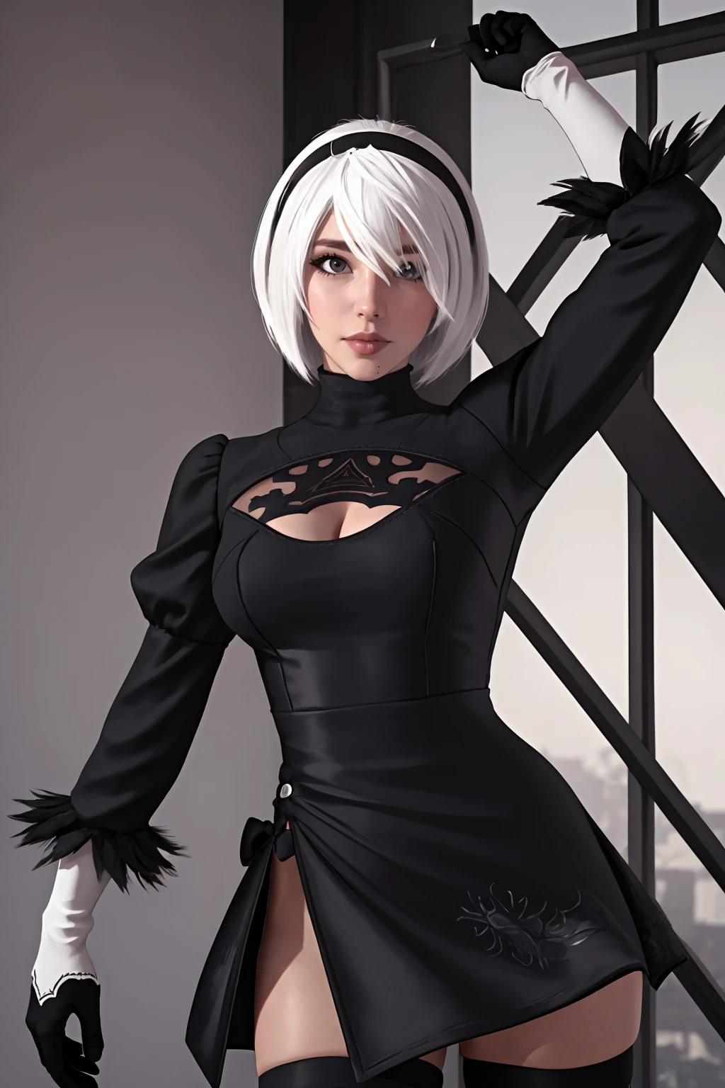 3d, CGI, render, masterpiece, best quality, 8k, yorha no. 2 type b, , 1girl, bangs, ((20years old)), smooth skin,, black dress, black gloves, black hairband, breasts, cleavage cutout, clothing cutout, commentary request, dress, gloves, hairband, hand up, highres,  juliet sleeves, long sleeves, looking at viewer, medium breasts, mole, mole under mouth, nier (series), nier automata, parted lips, puffy sleeves, short hair, solo, thighhighs, turtleneck, upper body, white hair, <lyco:yorha_noDOT_2_type_b:.7><lora:owstyle resized:.8>