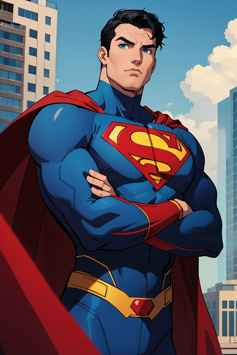 1man, superman, abs, bara, black hair, blue bodysuit, blue eyes, bodysuit, cape, closed mouth, crossed arms, large pectorals, male focus, muscular, muscular male, pectoral lift, pectorals, red cape, short hair, outdoors, skyscrapers, solo, superhero, upper body , ((masterpiece))