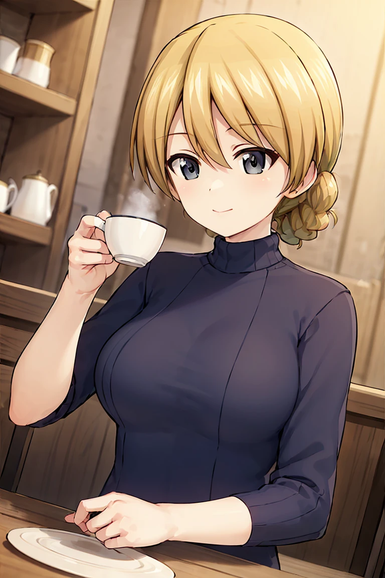 masterpiece, best quality, 1girl, solo, darjeeling \(girls und panzer\), large breasts, blush, looking away, sitting, calm, (turtleneck sweater:1.3), upper body, indoors, coffee shop, teacup, cookie, furniture <lora:Darjeeling:0.5>