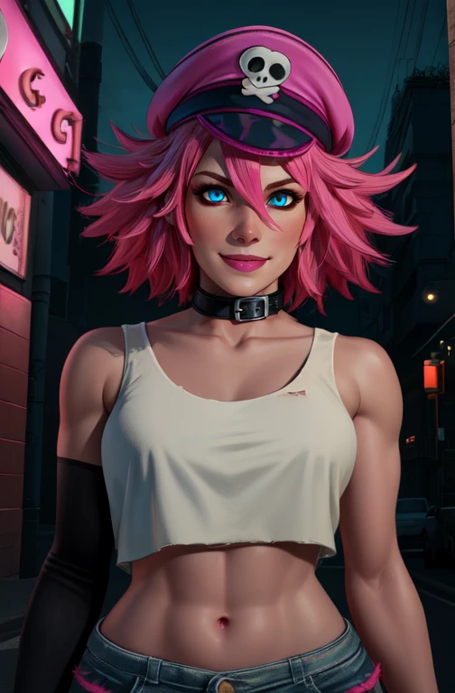 poison, pink hair, blue eyes, short hair, smile,
white crop top, pink hat with skull, single elbow glove, collar, short shorts,
(insanely detailed, beautiful detailed face, beautiful detailed eyes, masterpiece, best quality), solo,
<lora:poisonSF5:0.8>