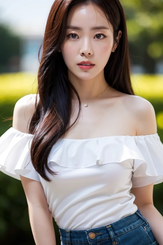 Han Ji-min,solo,long hair,black hair,shirt,shorts,off shoulder,white shirt,denim,black eyes,off-shoulder shirt,short sleeves,1girl,sexy pose,best quality,masterpiece,illustration,an extremely delicate and beautiful,CG,unity,8k wallpaper,Amazing,finely detail,masterpiece,official art,extremely detailed CG unity 8k wallpaper,incredibly absurdres,huge filesize,ultra-detailed,highres,extremely detailed,beautiful detailed girl,realistic,full frontal,outdoors,light contrast,<lora:Han Ji min:0.8>,